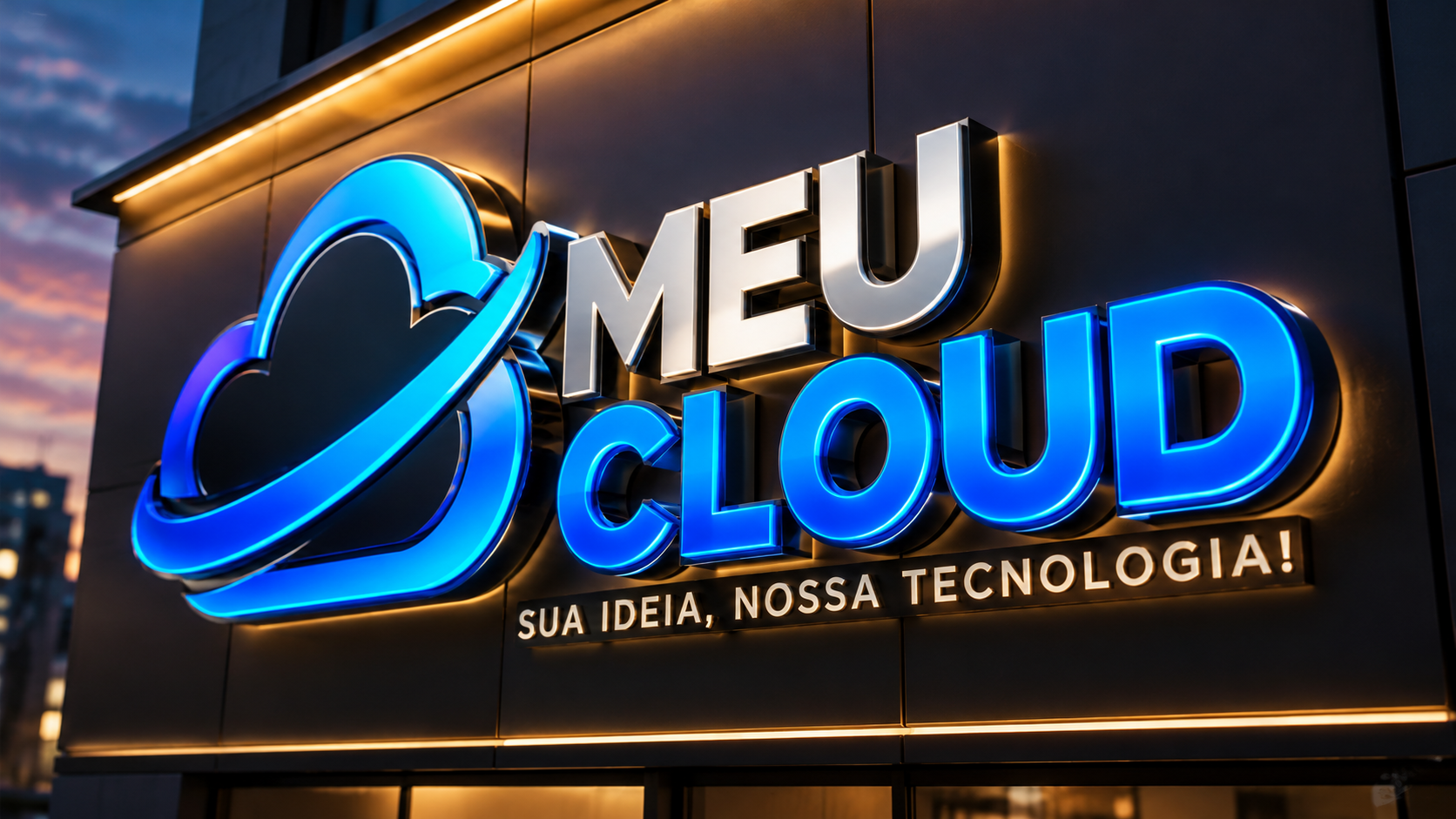 Marca Meu Cloud em fachada tridimensional azul e metálica